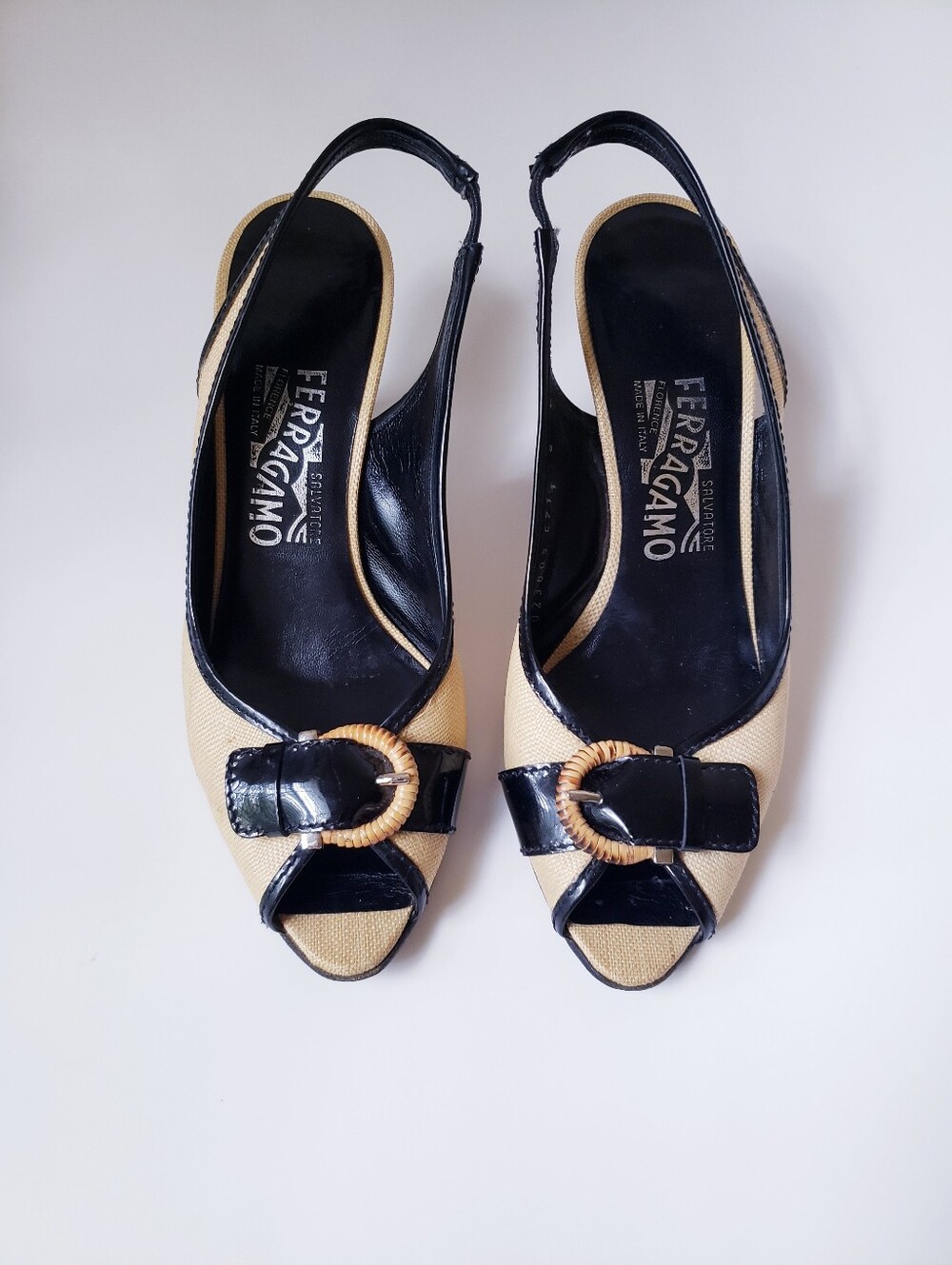 Vintage Salvatore Ferragamo light Tan And Black Slingback Peep-toe Heels - Picture 5 of 16